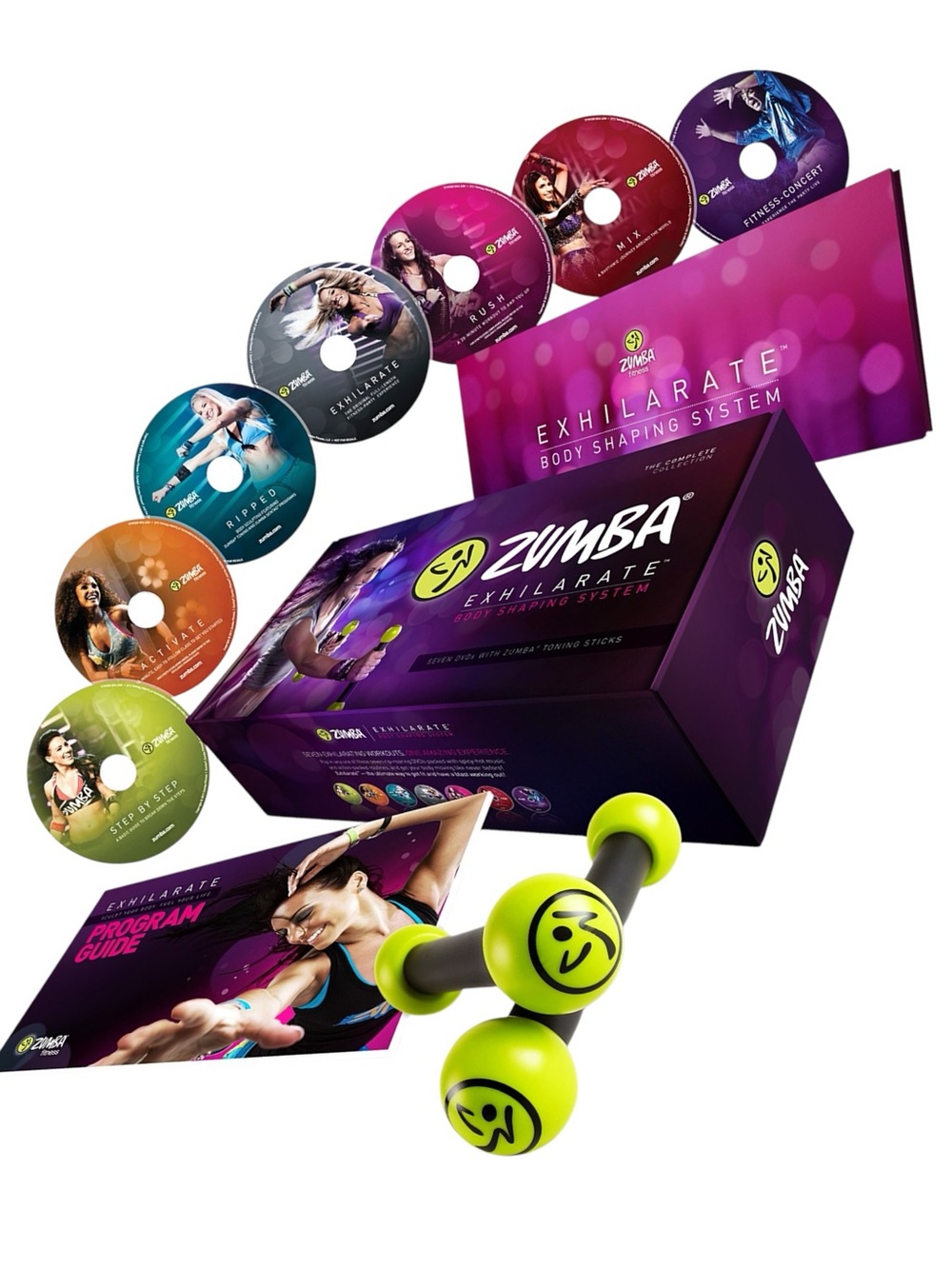 Zumba Fitness Exhilarate 7 DVD Set with Toning Sticks Like New